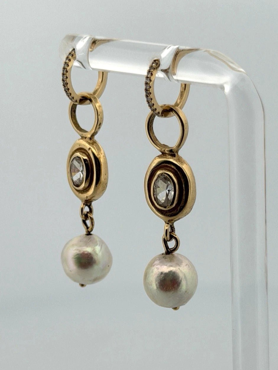 14K Yellow Gold Akoya Pearl, White Topaz & Diamond Dangle Earrings Huggies - Devine & Co.
