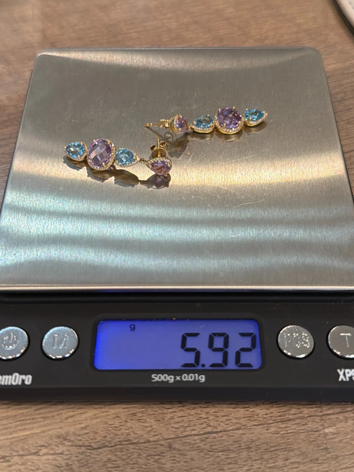 14K Yellow Gold Blue Topaz, Amethyst & Diamond Dangle Earrings 7.00ctw Gemstones - Devine & Co.