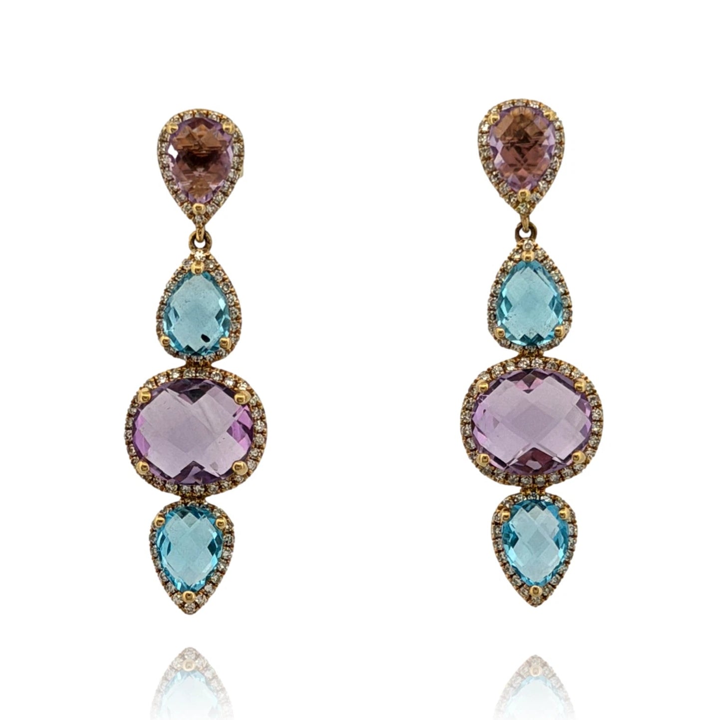 14K Yellow Gold Blue Topaz, Amethyst & Diamond Dangle Earrings 7.00ctw Gemstones - Devine & Co.
