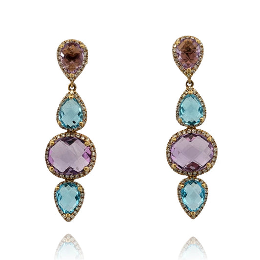 14K Yellow Gold Blue Topaz, Amethyst & Diamond Dangle Earrings 7.00ctw Gemstones - Devine & Co.
