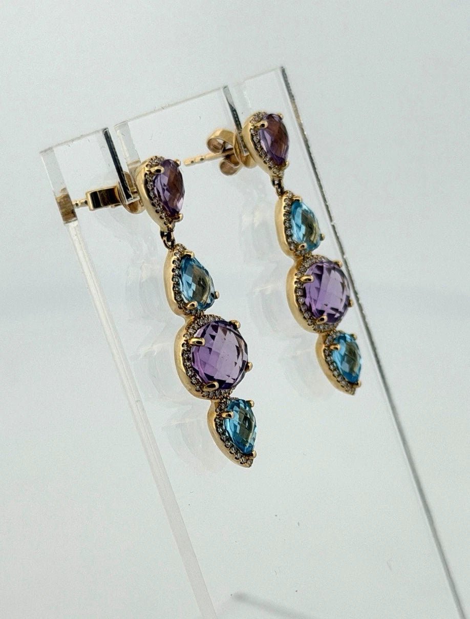 14K Yellow Gold Blue Topaz, Amethyst & Diamond Dangle Earrings 7.00ctw Gemstones - Devine & Co.