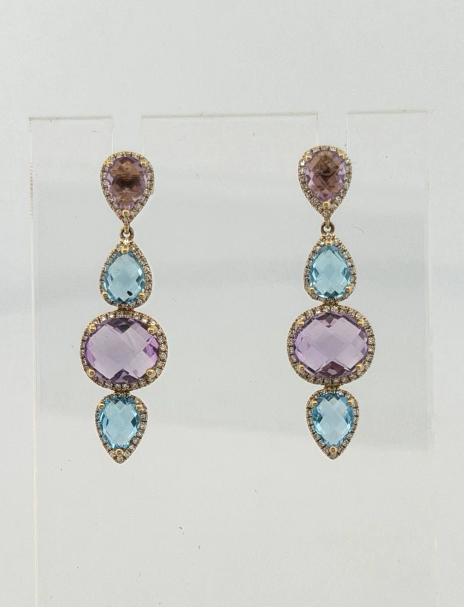 14K Yellow Gold Blue Topaz, Amethyst & Diamond Dangle Earrings 7.00ctw Gemstones - Devine & Co.