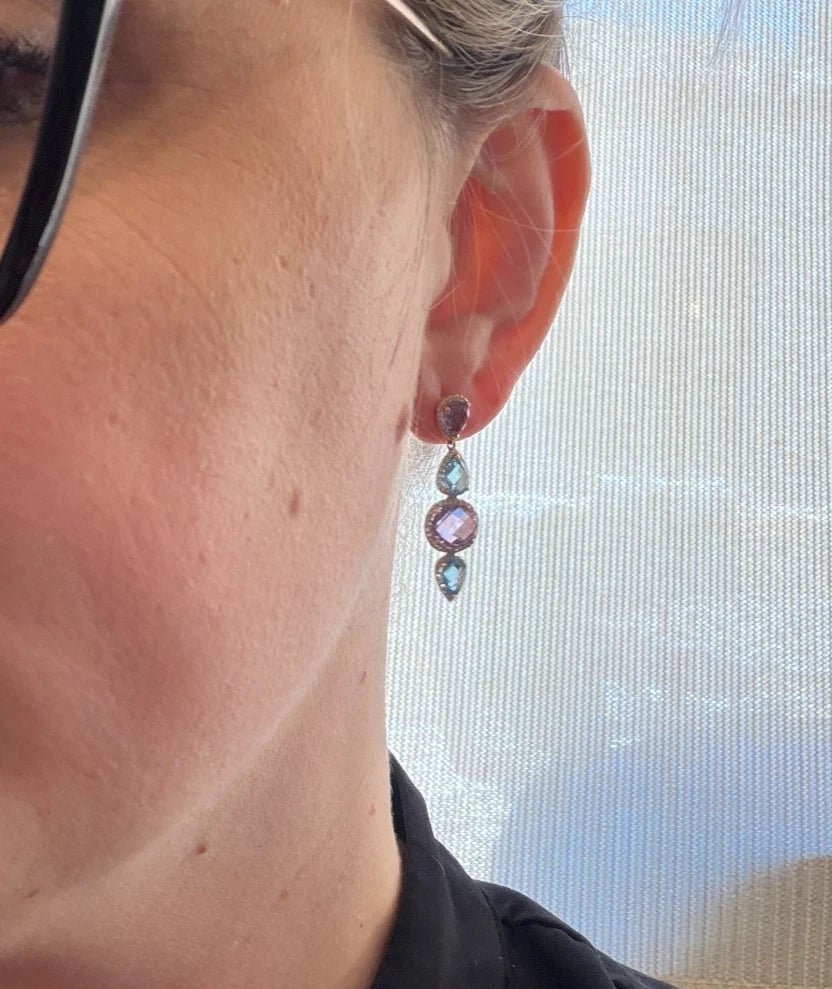 14K Yellow Gold Blue Topaz, Amethyst & Diamond Dangle Earrings 7.00ctw Gemstones - Devine & Co.