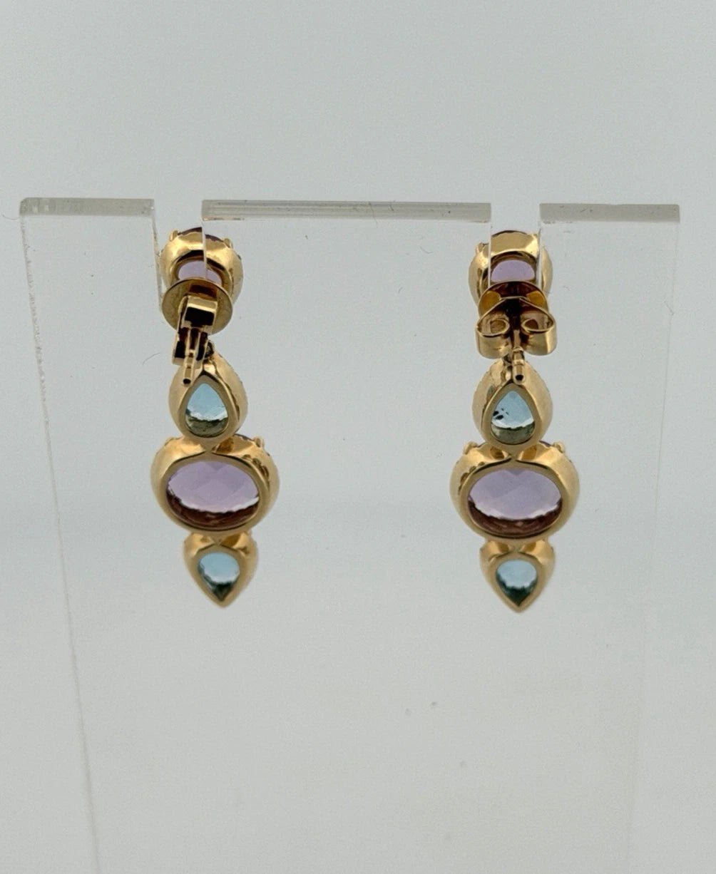 14K Yellow Gold Blue Topaz, Amethyst & Diamond Dangle Earrings 7.00ctw Gemstones - Devine & Co.