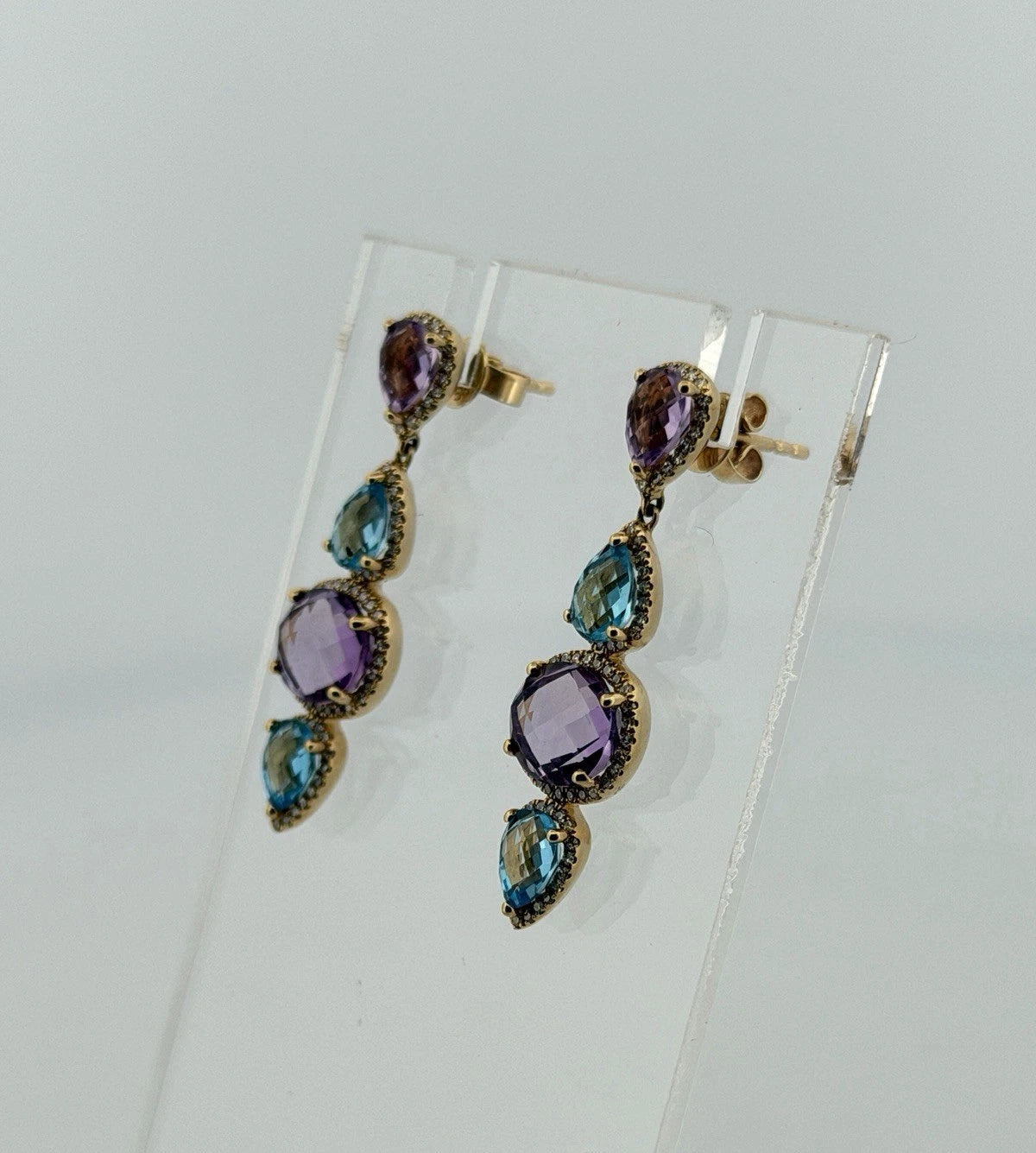 14K Yellow Gold Blue Topaz, Amethyst & Diamond Dangle Earrings 7.00ctw Gemstones - Devine & Co.