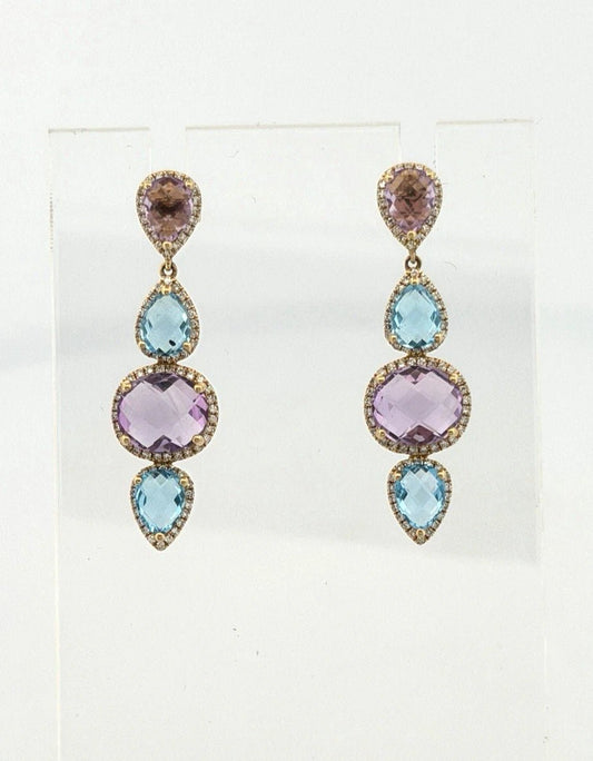 14K Yellow Gold Blue Topaz, Amethyst & Diamond Dangle Earrings 7.00ctw Gemstones - Devine & Co.