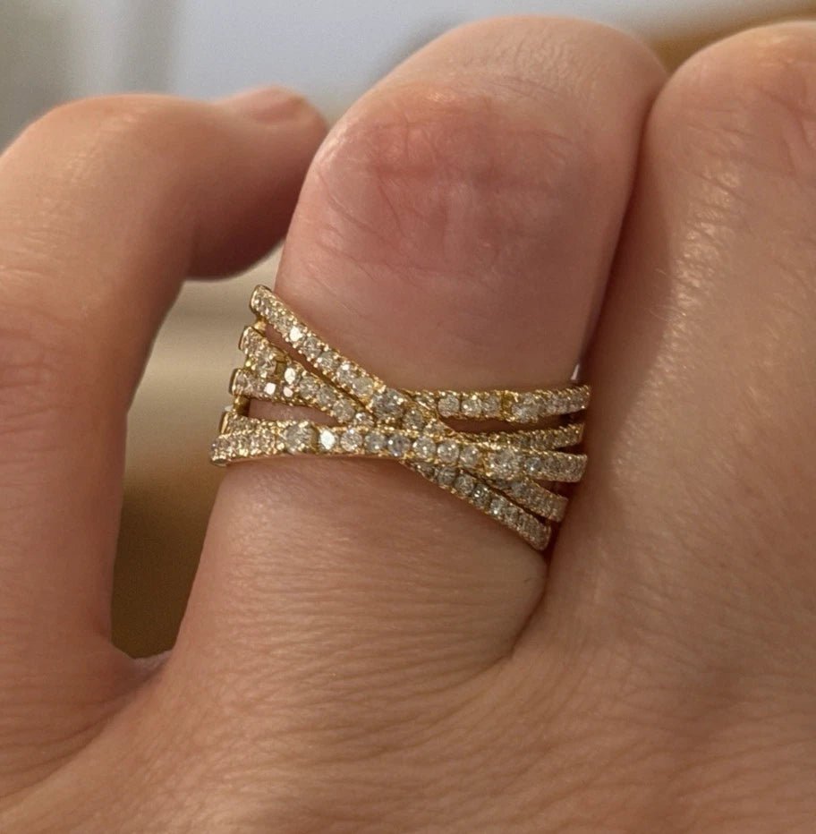 14K Yellow Gold Diamond Criss Cross Ring 0.88ctw Multi Row Pave Size 7 - Devine & Co.