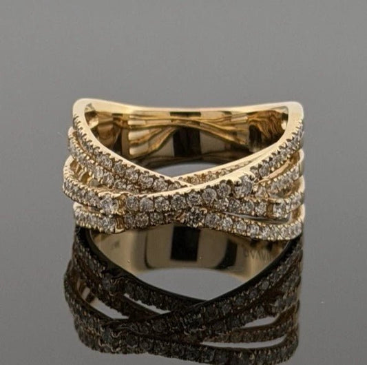 14K Yellow Gold Diamond Criss Cross Ring 0.88ctw Multi Row Pave Size 7 - Devine & Co.