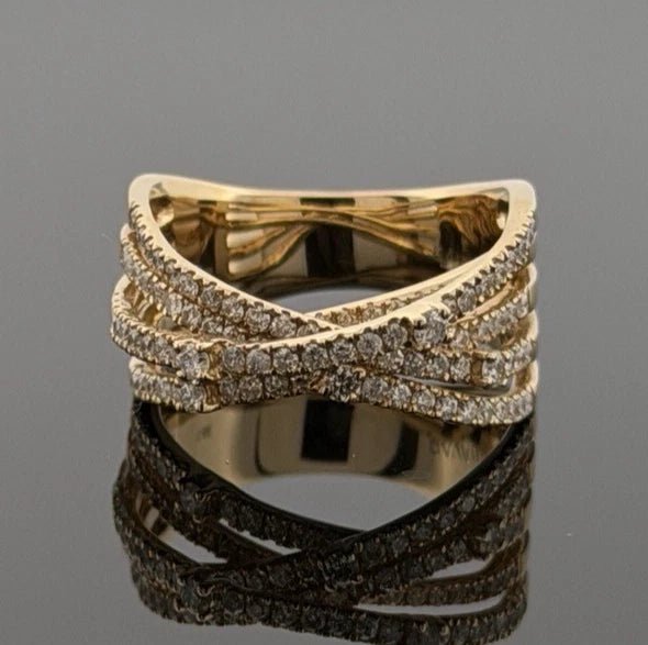 14K Yellow Gold Diamond Criss Cross Ring 0.88ctw Multi Row Pave Size 7 - Devine & Co.