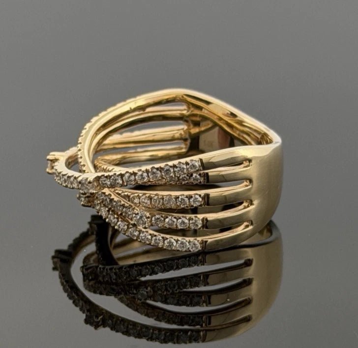 14K Yellow Gold Diamond Criss Cross Ring 0.88ctw Multi Row Pave Size 7 - Devine & Co.