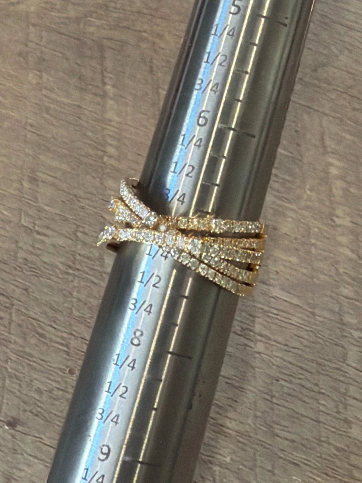 14K Yellow Gold Diamond Criss Cross Ring 0.88ctw Multi Row Pave Size 7 - Devine & Co.