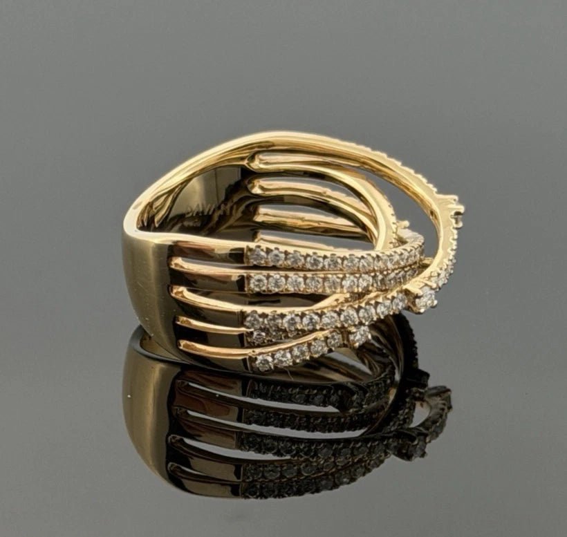 14K Yellow Gold Diamond Criss Cross Ring 0.88ctw Multi Row Pave Size 7 - Devine & Co.