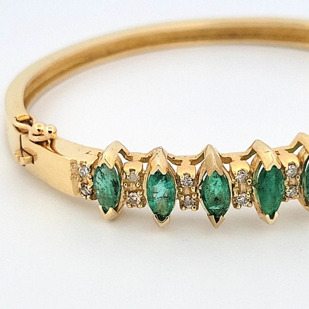 14K Yellow Gold Emerald & Diamond Bangle Bracelet, Marquise Emeralds, 7.5 Oval - Devine & Co.