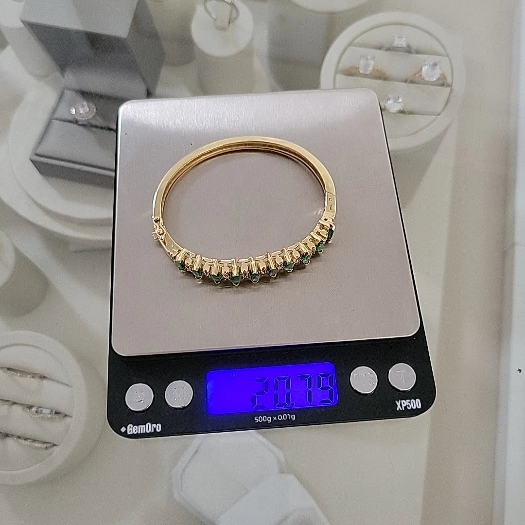 14K Yellow Gold Emerald & Diamond Bangle Bracelet, Marquise Emeralds, 7.5 Oval - Devine & Co.