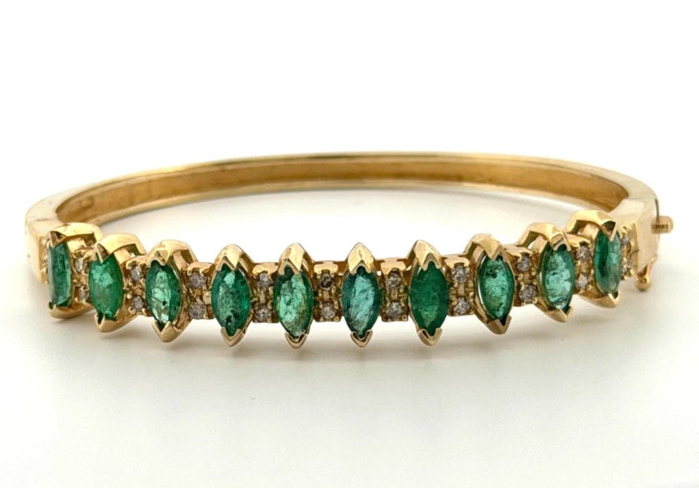 14K Yellow Gold Emerald & Diamond Bangle Bracelet, Marquise Emeralds, 7.5 Oval - Devine & Co.