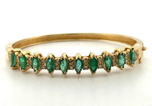 14K Yellow Gold Emerald & Diamond Bangle Bracelet, Marquise Emeralds, 7.5 Oval - Devine & Co.