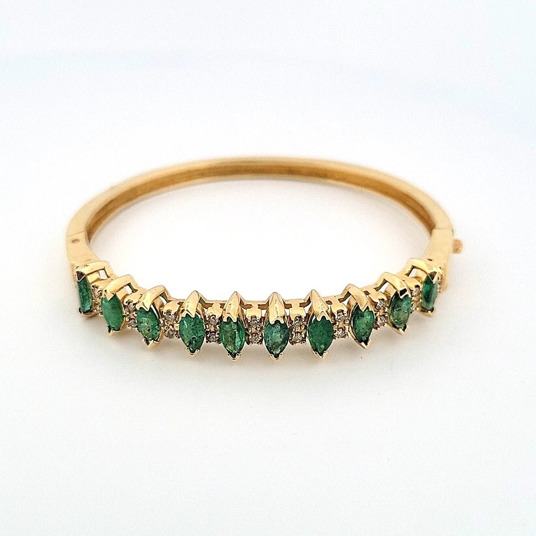 14K Yellow Gold Emerald & Diamond Bangle Bracelet, Marquise Emeralds, 7.5 Oval - Devine & Co.