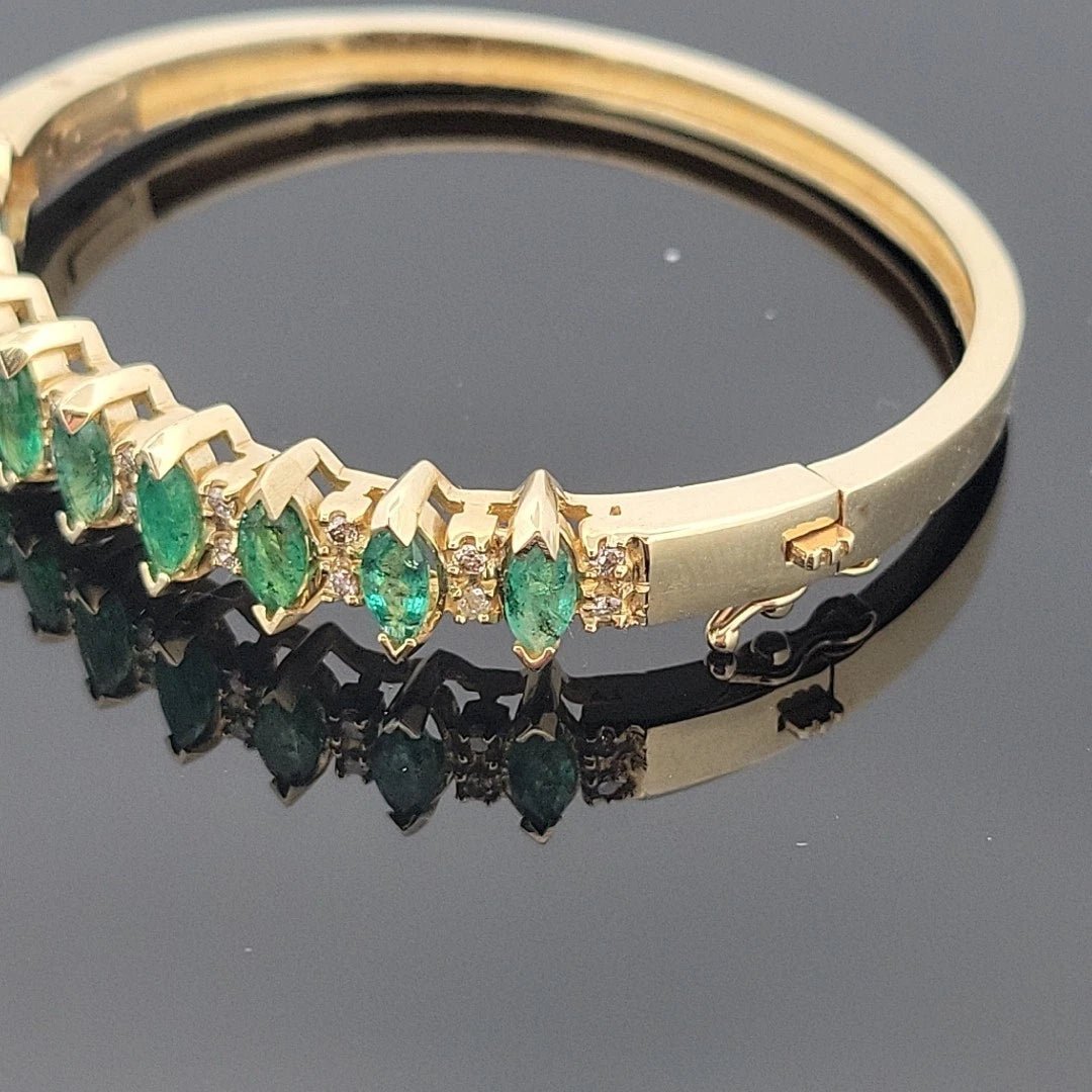 14K Yellow Gold Emerald & Diamond Bangle Bracelet, Marquise Emeralds, 7.5 Oval - Devine & Co.