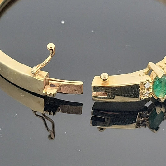 14K Yellow Gold Emerald & Diamond Bangle Bracelet, Marquise Emeralds, 7.5 Oval - Devine & Co.