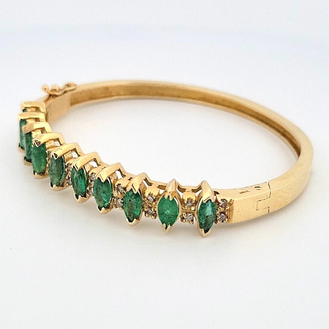 14K Yellow Gold Emerald & Diamond Bangle Bracelet, Marquise Emeralds, 7.5 Oval - Devine & Co.
