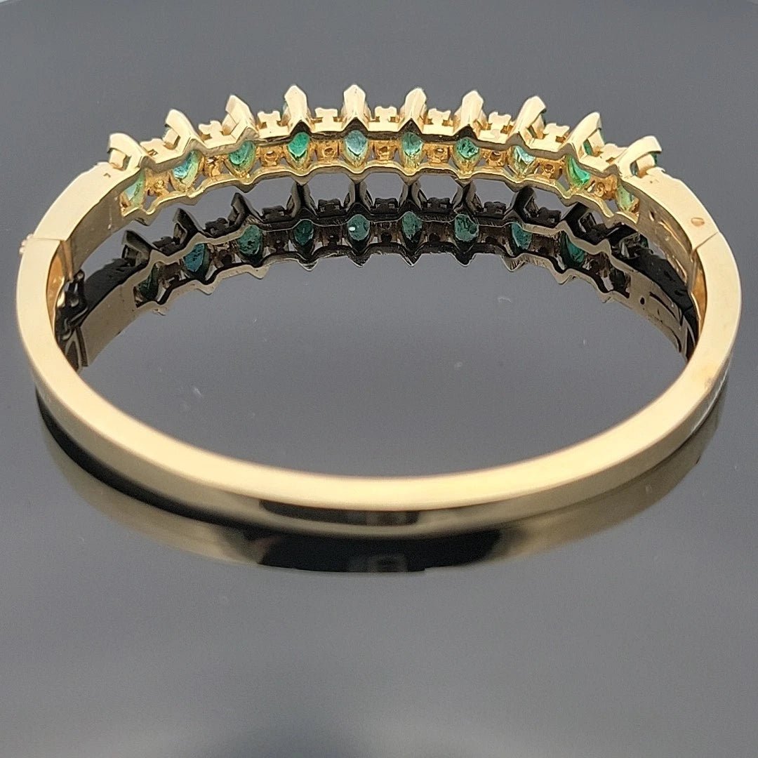 14K Yellow Gold Emerald & Diamond Bangle Bracelet, Marquise Emeralds, 7.5 Oval - Devine & Co.