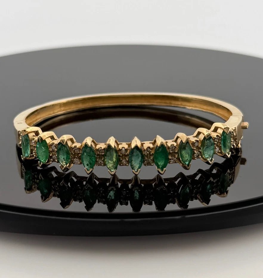 14K Yellow Gold Emerald & Diamond Bangle Bracelet, Marquise Emeralds, 7.5 Oval - Devine & Co.