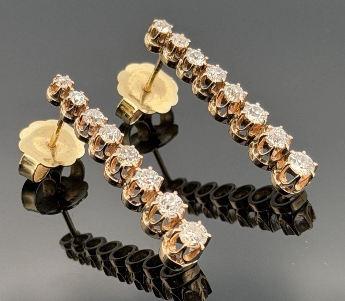14K Yellow Gold Old European Cut Diamond Drop Earrings 2.00 CTW 5.50g - Devine & Co.