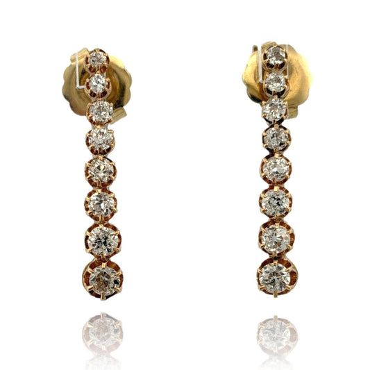 14K Yellow Gold Old European Cut Diamond Drop Earrings 2.00 CTW 5.50g - Devine & Co.