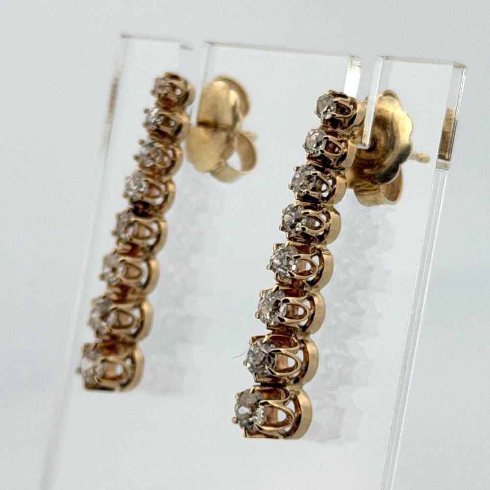 14K Yellow Gold Old European Cut Diamond Drop Earrings 2.00 CTW 5.50g - Devine & Co.