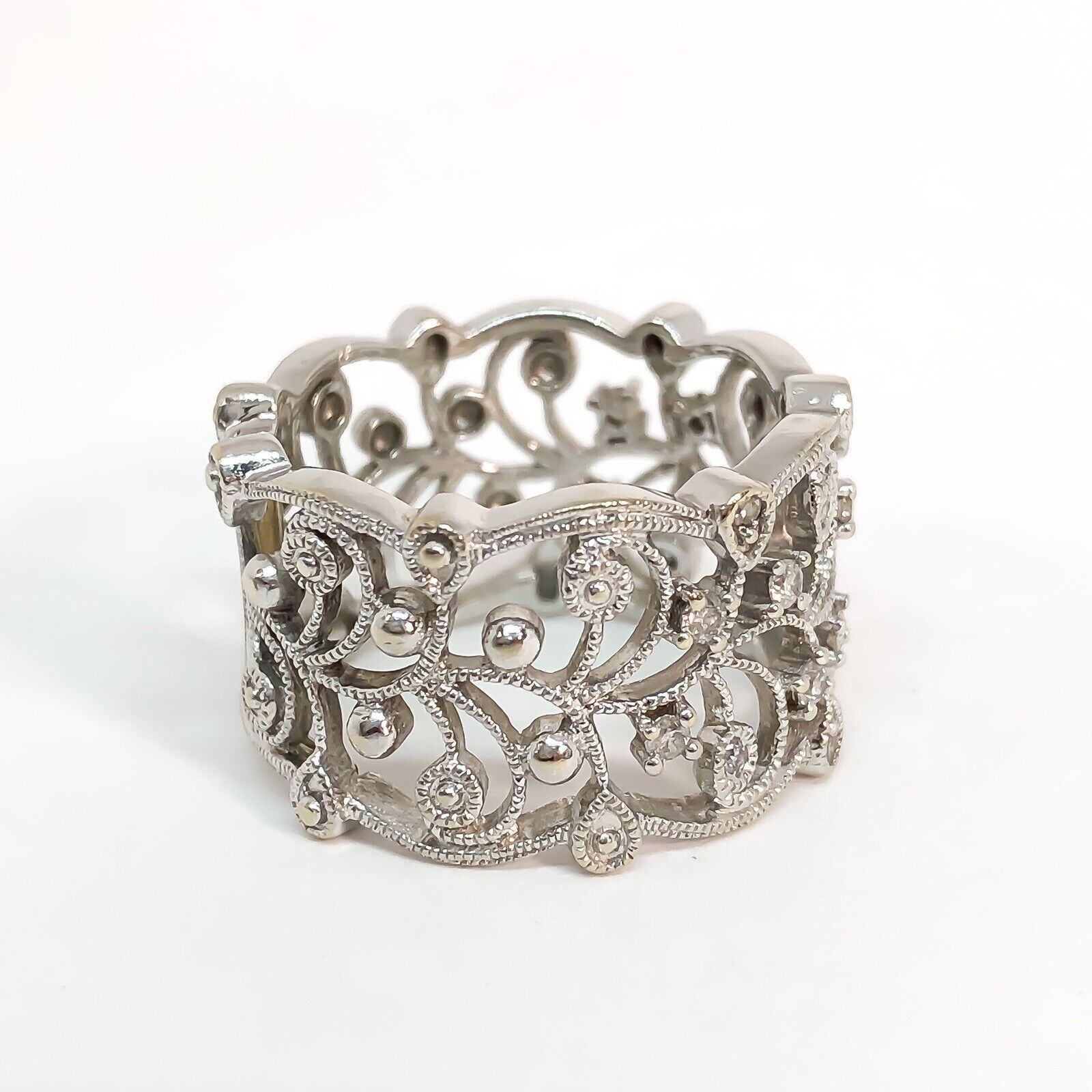 14KW .35ctw Diamond Filigree Lace Wide Lady’s Band Ring Sz 6.5 - Devine & Co.