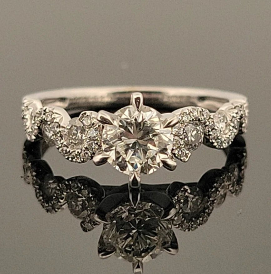 14KW Gold Diamond Engagement Ring EGL 0.80ct G/VS1, Pave Twist Shoulders 0.54ct - Devine & Co.