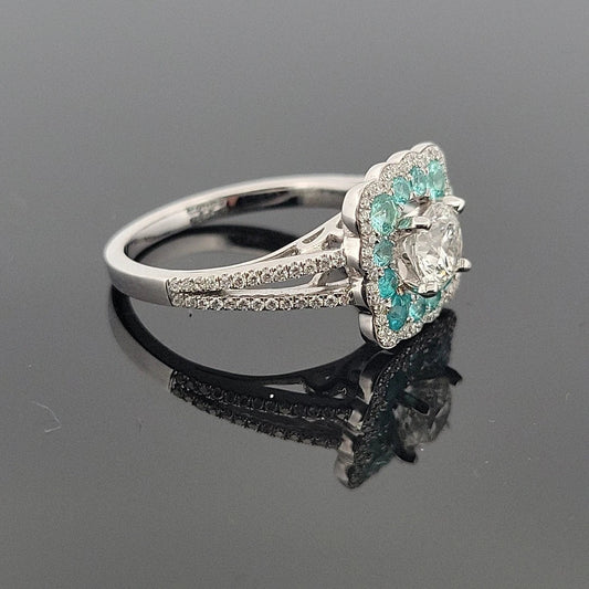 14KW Gold Natural Diamond & Paraiba Tourmaline Scalloped Ring .70ct G SI1 GIA - Devine & Co.