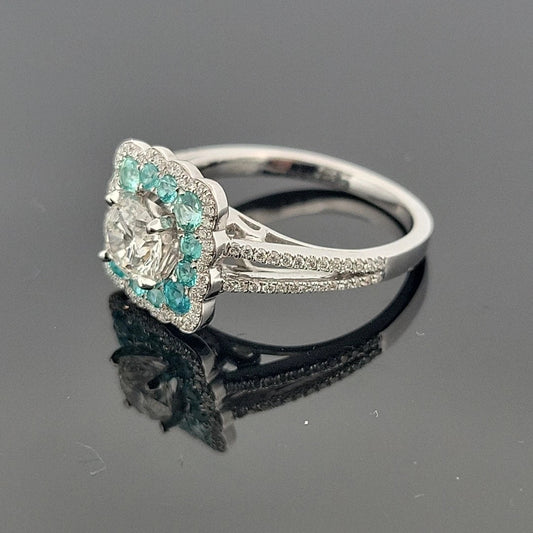 14KW Gold Natural Diamond & Paraiba Tourmaline Scalloped Ring .70ct G SI1 GIA - Devine & Co.