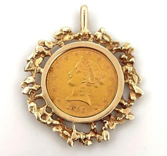 1895 10 Dollar Liberty Freeform 14K Yellow Gold Frame 30g Head Half Eagle Coin Pendant - Devine & Co.