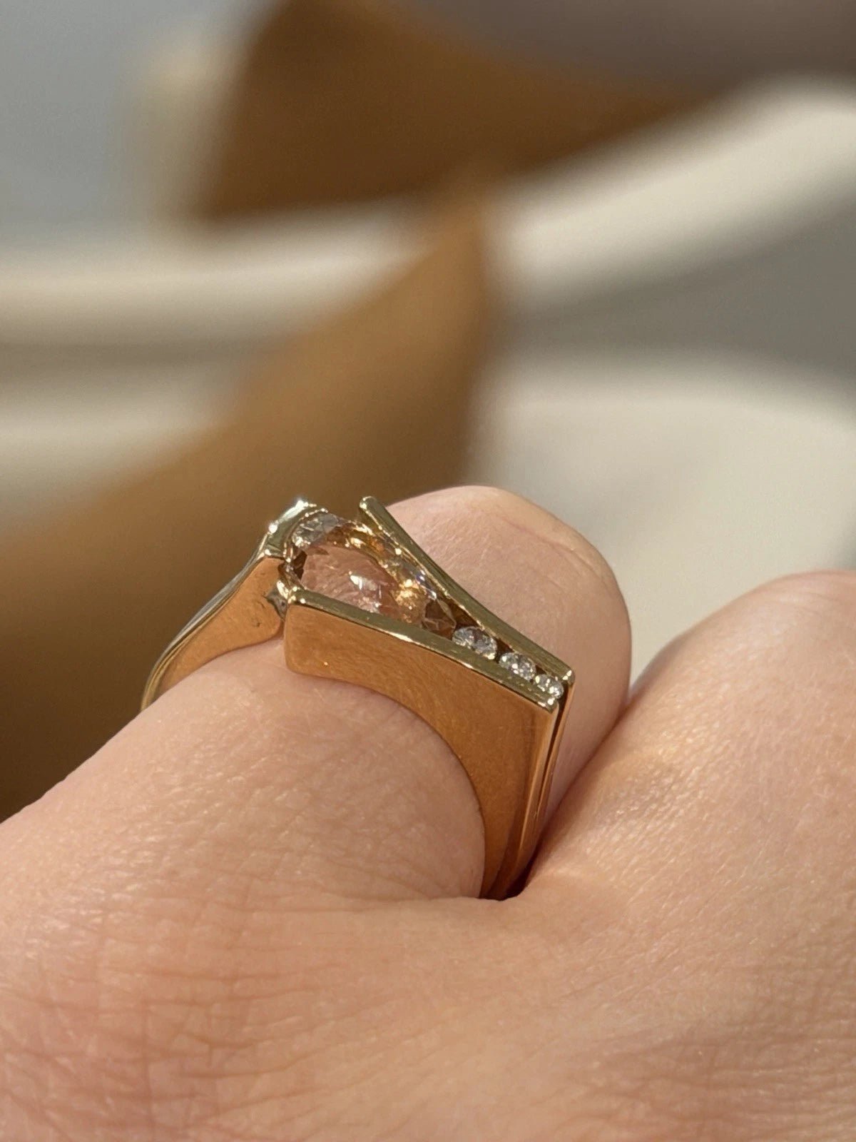 18K Rose Gold Morganite & Diamond Ring 1.35ct Pear Morganite 0.09ctw Diamonds - Devine & Co.