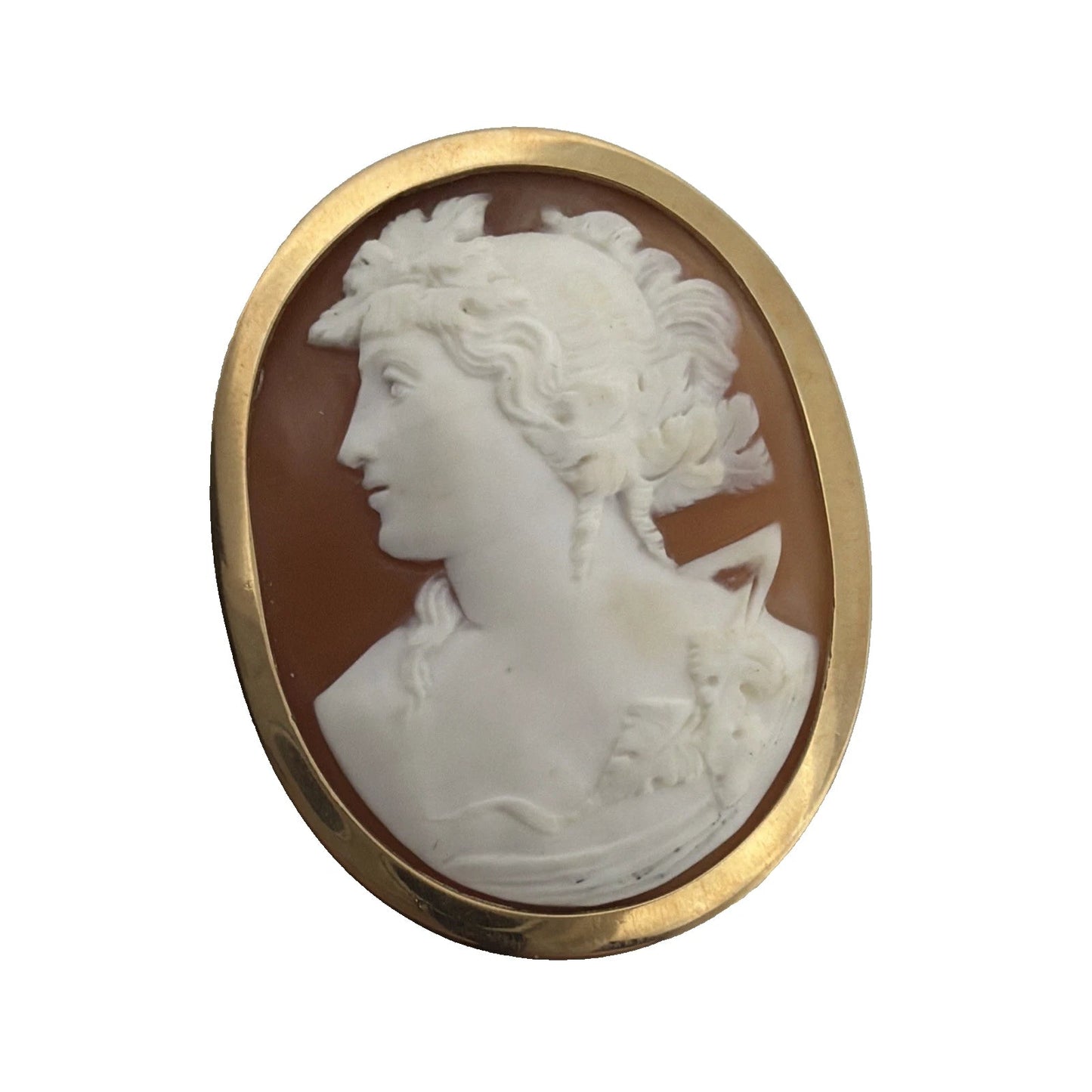 18K Solid Yellow Gold Shell Cameo Brooch Handmade Carmel - by - the - Sea 22g - Devine & Co.