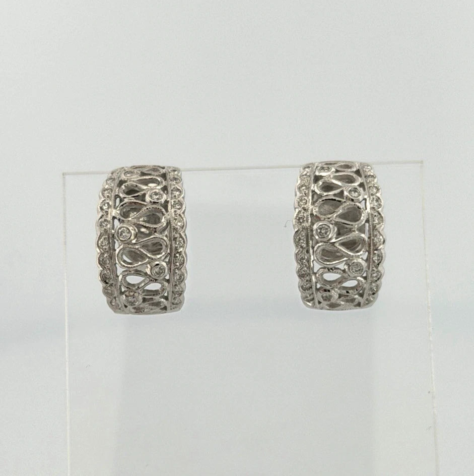 18K White Gold Diamond Cutout Hoop Earrings 0.21ctw Scalloped Jumbo Backs - Devine & Co.