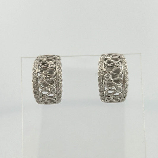18K White Gold Diamond Cutout Hoop Earrings 0.21ctw Scalloped Jumbo Backs - Devine & Co.