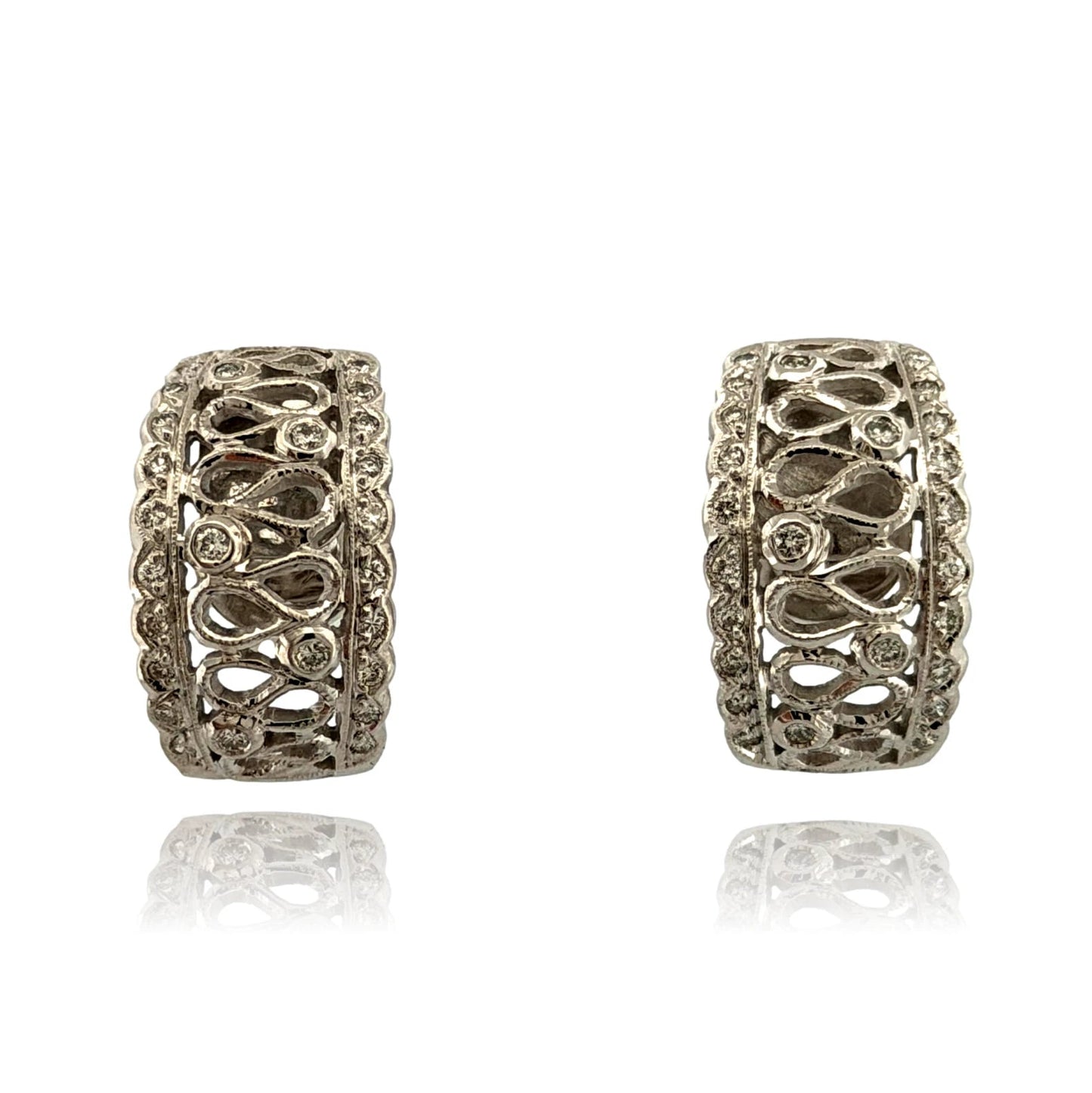 18K White Gold Diamond Cutout Hoop Earrings 0.21ctw Scalloped Jumbo Backs - Devine & Co.