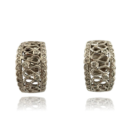 18K White Gold Diamond Cutout Hoop Earrings 0.21ctw Scalloped Jumbo Backs - Devine & Co.
