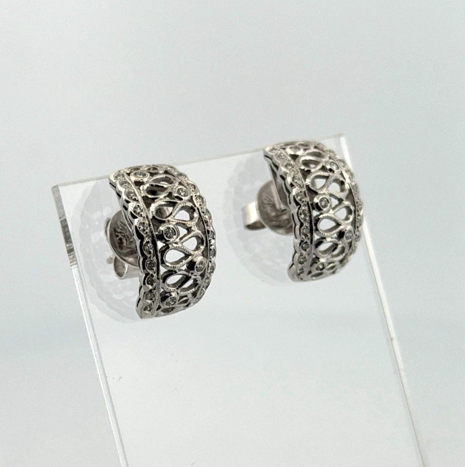 18K White Gold Diamond Cutout Hoop Earrings 0.21ctw Scalloped Jumbo Backs - Devine & Co.
