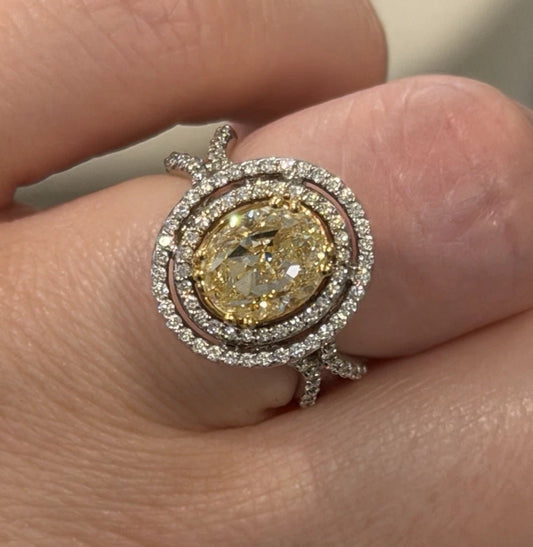 18K White & Yellow Gold Fancy Light Yellow Diamond Ring 2.51ct Oval 0.78ctw Halo - Devine & Co.