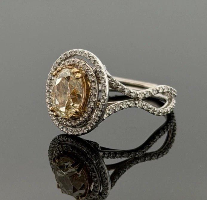 18K White & Yellow Gold Fancy Light Yellow Diamond Ring 2.51ct Oval 0.78ctw Halo - Devine & Co.