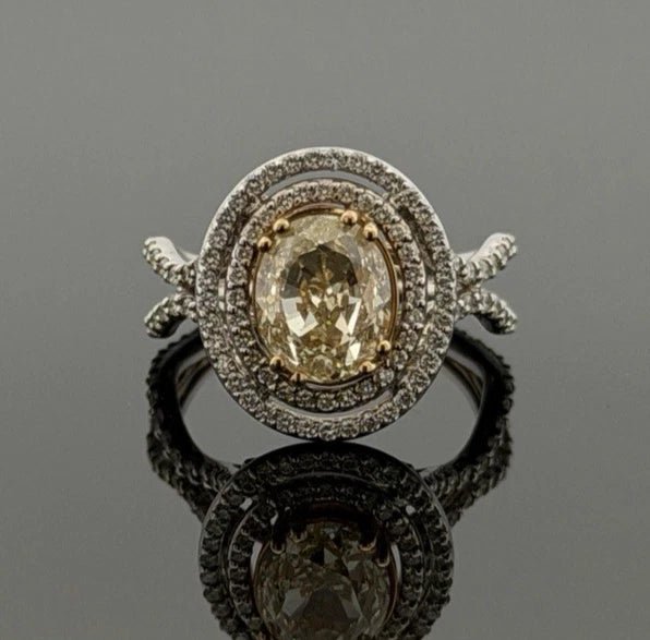 18K White & Yellow Gold Fancy Light Yellow Diamond Ring 2.51ct Oval 0.78ctw Halo - Devine & Co.