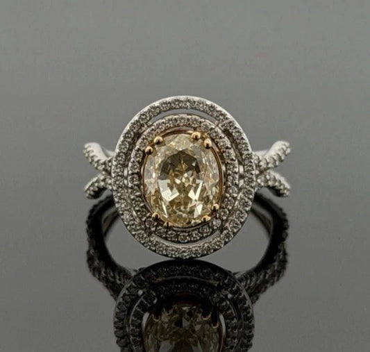 18K White & Yellow Gold Fancy Light Yellow Diamond Ring 2.51ct Oval 0.78ctw Halo - Devine & Co.