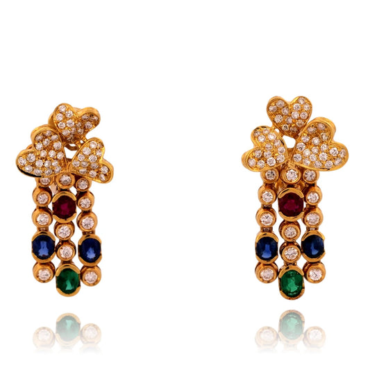 18K Yellow Gold Natural Ruby Emerald Sapphire Diamond Dangle Earrings-Earrings-Devine &amp; Co.