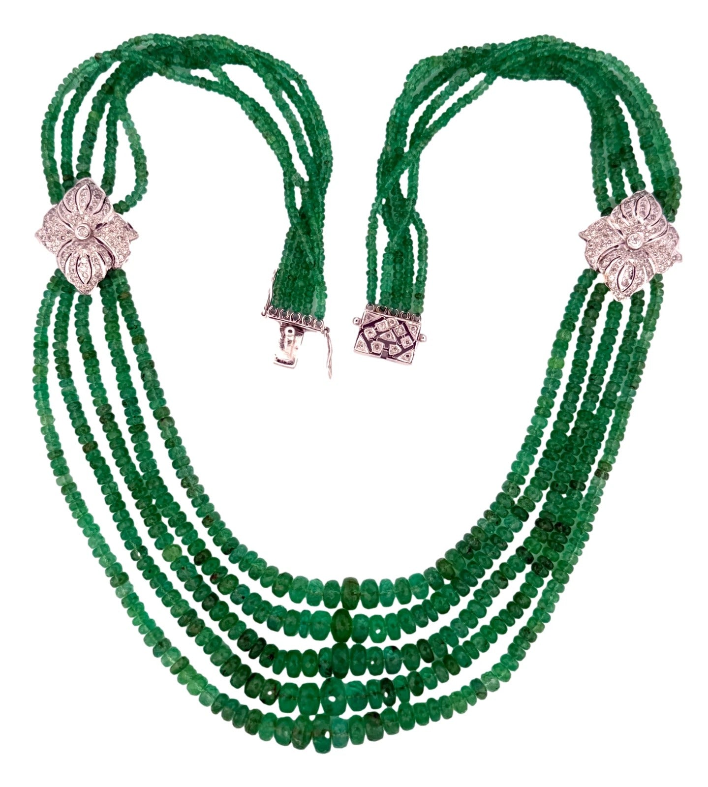 14K White Gold Approx. 290 Carats 20" Diamonds 5-Strand Faceted Emerald Necklace