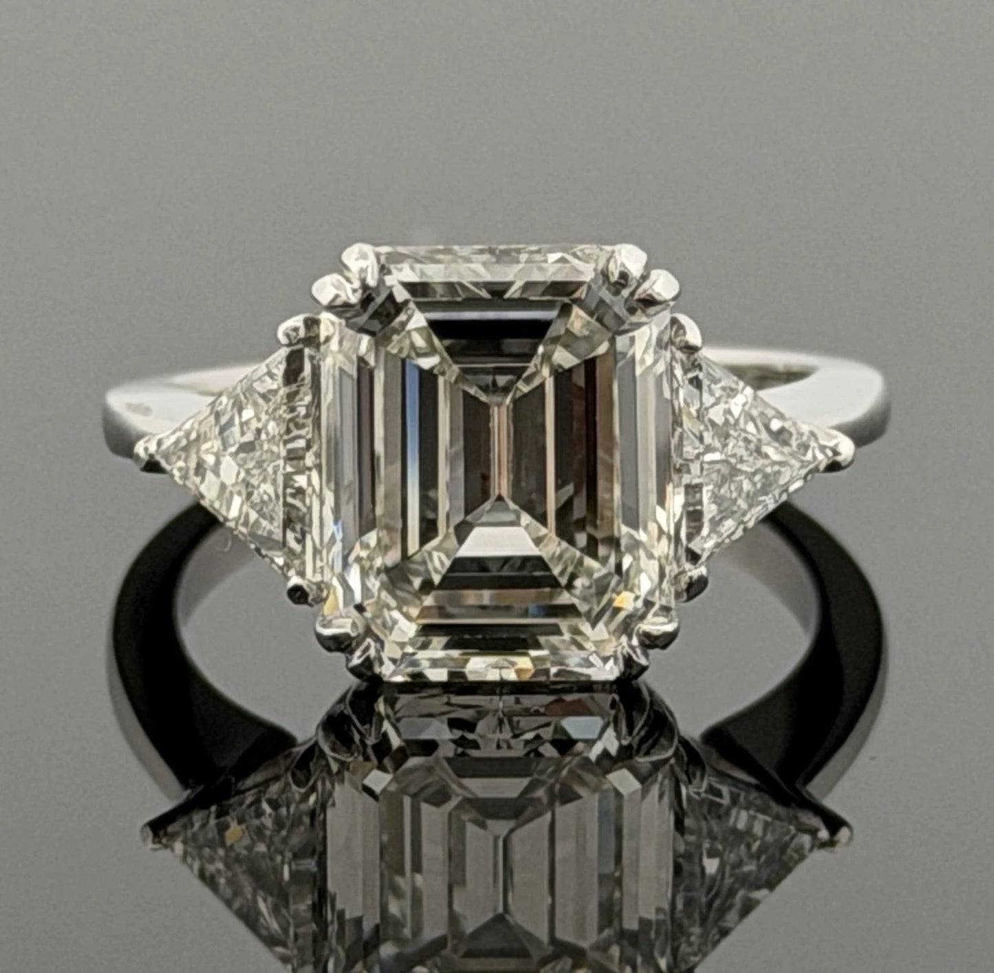 Consignment - Platinum Three-Stone Ring 4.10ct Emerald Cut Diamond GIA Certified Trillion Sides Size 6.5 - platinum, diamo...