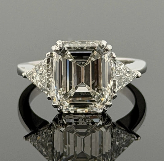 Consignment - Platinum Three-Stone Ring 4.10ct Emerald Cut Diamond GIA Certified Trillion Sides Size 6.5 - platinum, diamo...
