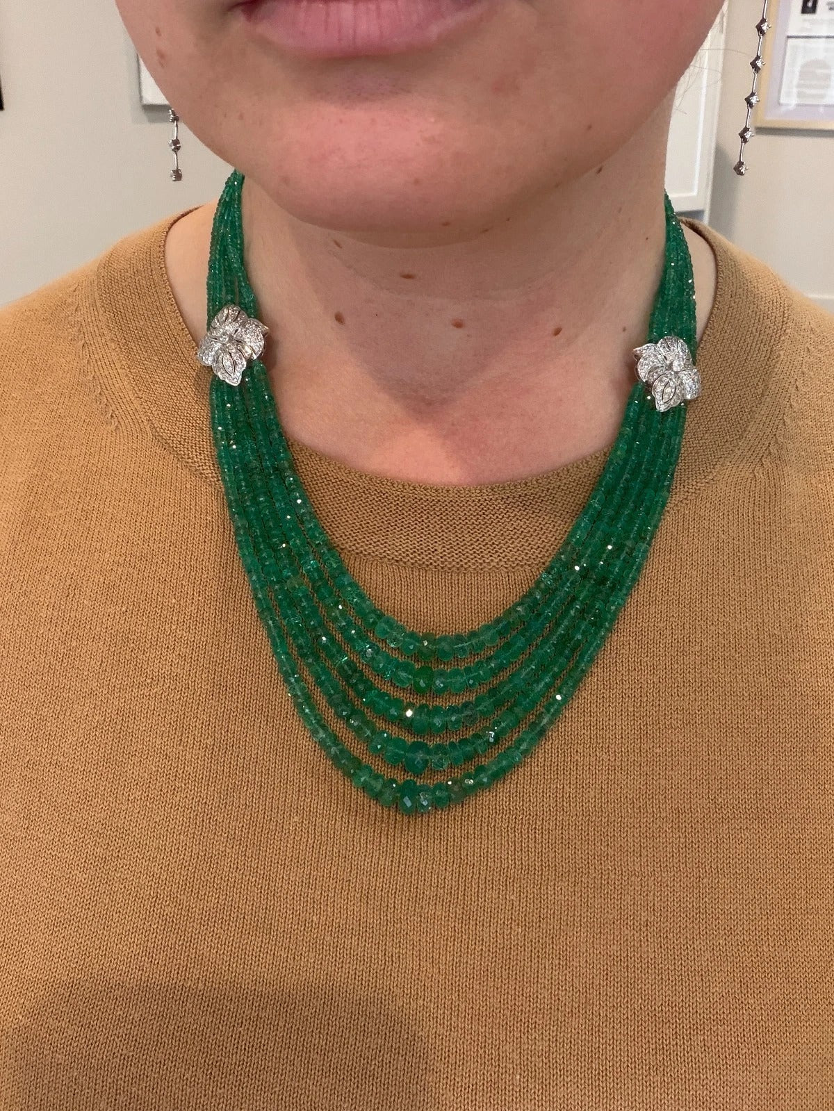 14K White Gold Approx. 290 Carats 20" Diamonds 5-Strand Faceted Emerald Necklace